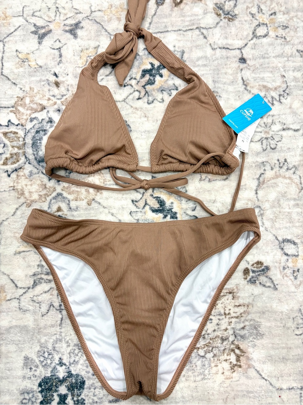 Cupshe Ribbed Tan Halter Triangle Bikini Set
